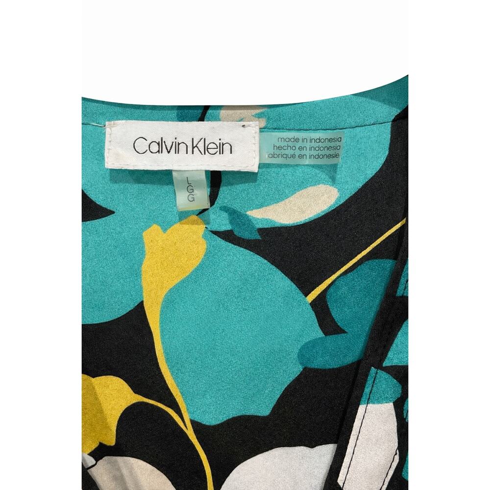 Calvin Klein Women’s Floral Flowy Modern Blouse Black Teal Yellow V-Neck Large - Picture 5 of 8